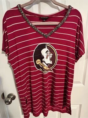 😍FSU Garnet and White Striped V-Neck Tee with Embellished Trim- Small / Med